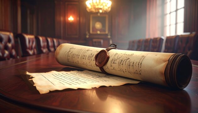 Unfurled parchment scroll with elegant medieval Latin cursive script and wax seal resting on a wooden surface