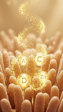 Vitamin supplement nutrient absorption within intestinal villus for gut health digestion and immunity wellness with golden capsule glow and zinc sphere boosting intestinal nutrient absorption