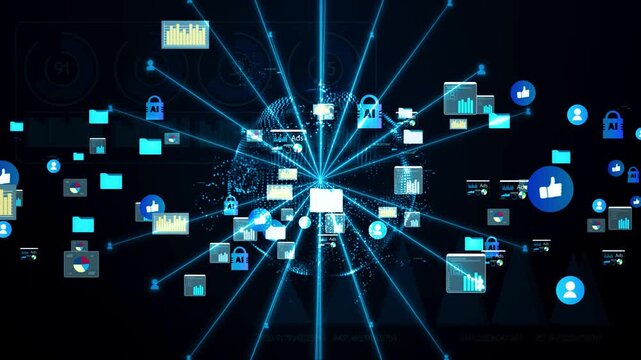 Digital marketing analytics and social media advertising concept, abstract technology background with ads icons, charts and data network.