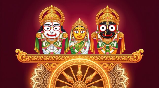 Sacred hindu deities jagannath balabhadra and subhadra with ornate golden chariot wheel and floral motif