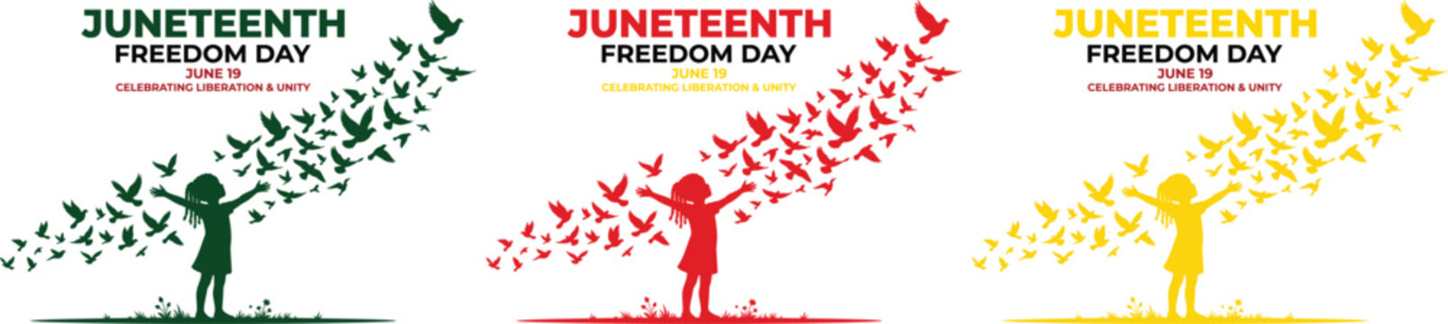 Juneteenth freedom day celebration graphic with children and flying birds three color variations