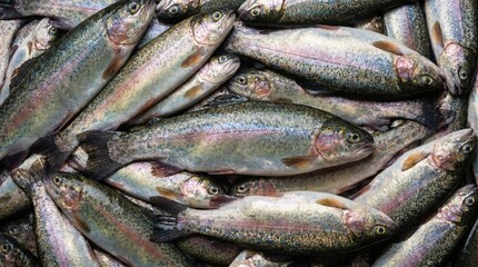 Obraz premium Fresh rainbow trout stacked together in a large pile showing detailed scales and silver skin texture for culinary seafood market preparation and healthy eating