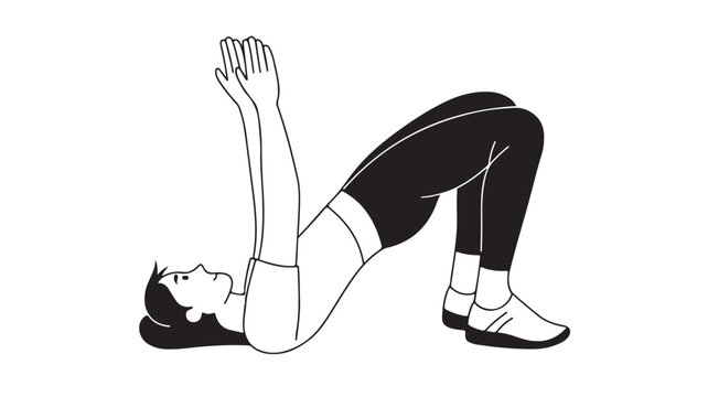 Minimalist yoga glute bridge illustration, woman performing pilates pelvic lift exercise, black and white line art vector of fitness workout
