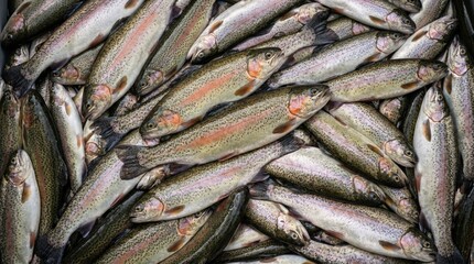 Obraz premium Fresh raw rainbow trout fish stacked together in a large pile showing vibrant silver scales and pink lateral lines ready for culinary preparation in a kitchen