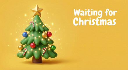 Naklejka premium 3D Christmas tree with cheerful ornaments, expressive lights and soft sparkle effects, sitting on a cheerful yellow canvas background with copy space for greeting text like ‘Waiting for Christmas’
