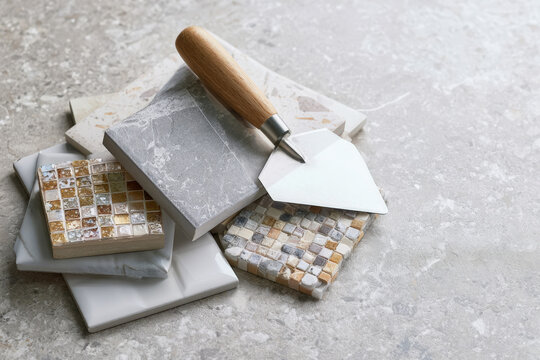 Ceramic Tile Samples with Trowel for Bathroom Renovation Planning