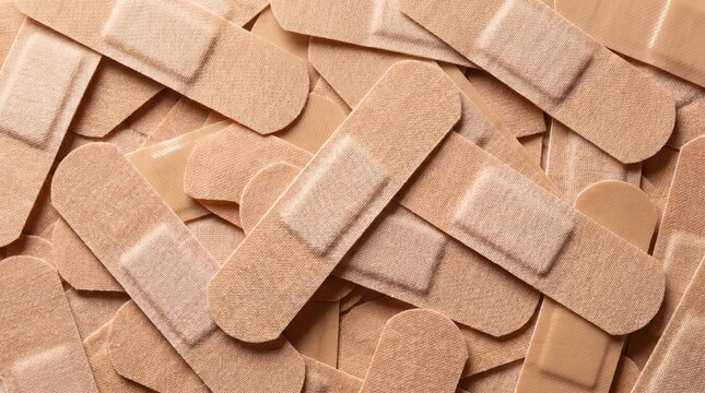 Multiple adhesive fabric bandages overlapping in a random pattern to represent first aid medical supplies and healthcare wound care treatment solutions
