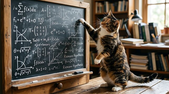 Playful cat standing on hind legs writing complex mathematical equations on a chalkboard in a cozy study room, capturing a whimsical and intellectual mood.