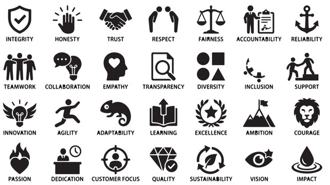 Core Values Business Icon Set, 28 Professional Corporate Ethics Symbols, Black Minimalist Integrity and Teamwork Vector Illustrations for Company Branding