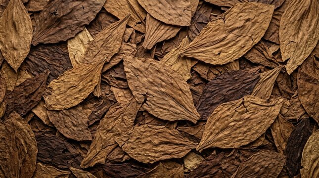 Dried brown tobacco leaves arranged in a dense layer creating a rich textured organic background pattern for agricultural and industrial design projects