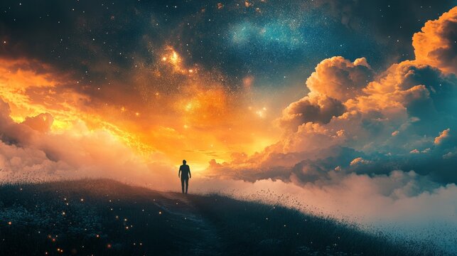 Silhouette figure on hilltop, vibrant sunset, cosmic clouds