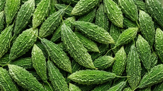 Fresh organic bitter melon vegetable harvest background featuring numerous ripe green bitter gourd specimens arranged closely together in a natural pattern