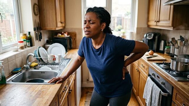 Woman experiencing back pain kitchen, holding lower back with discomfort, standing near sink and stove, casual home environment, daily life struggle, office syndrome, pain from daily life