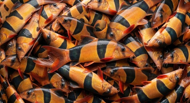 Vibrant school of clown loach fish swimming together creating a dense pattern of orange and black striped bodies in a bright underwater aquatic environment