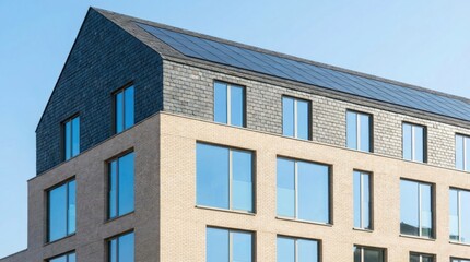 Fototapeta premium Modern Architectural Marvel - A Contemporary Building with Stylish Design and Blue Sky.