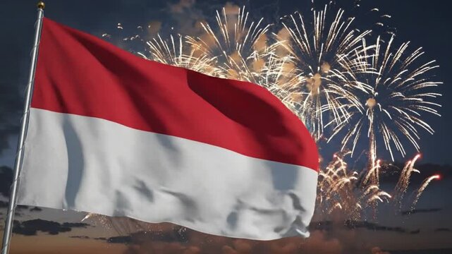 Indonesian flag waving with celebratory fireworks in the night sky