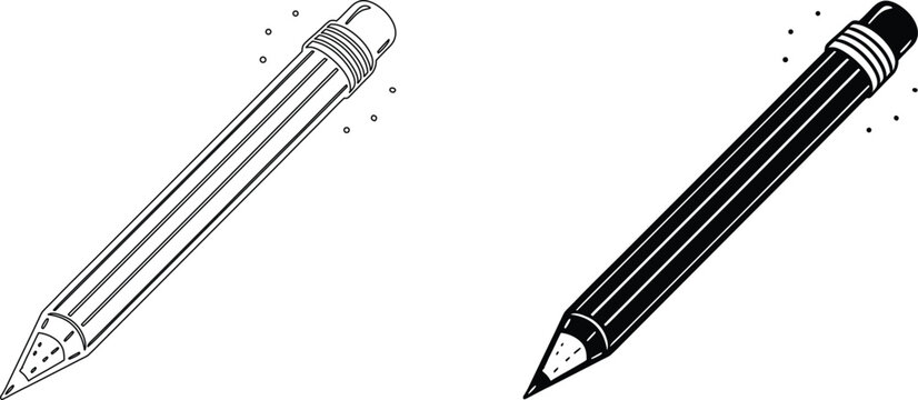 Pencil illustration set with eraser top and graphite tip in outline and filled variants.