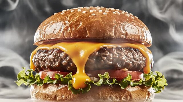 Gourmet cheeseburger with melted cheddar cheese dripping over a grilled beef patty with fresh lettuce, tomato, and onion on a toasted sesame bun against a smoky background.