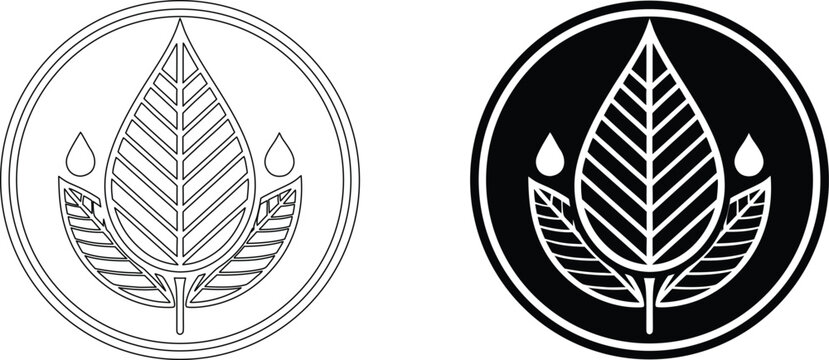 Set of floral water drop icons in circular frames isolated on transparent vector background.