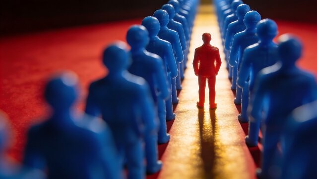 Red Figurine Standing Out Among Blue Crowd
