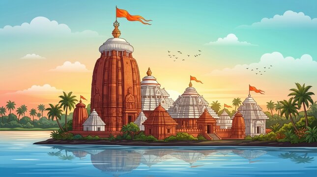 Scenic view of jagannath temple in puri with orange sunset sky and calm water reflection digital