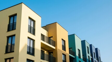 Obraz premium Colorful Apartment Buildings Against a Clear Blue Sky, Modern Urban Architecture.