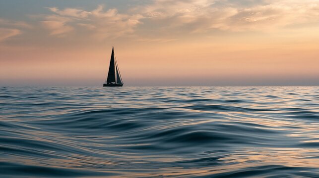 Close medium framing of smooth ocean waves reflecting soft diffused dawn light distant sailboat silhouette outlined against airy pastel clouds and wide open sky with ample copy
