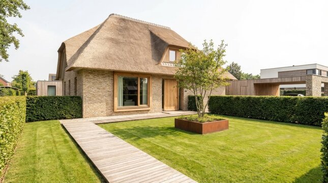 Charming thatched roof house with lush green lawn and wooden pathway.