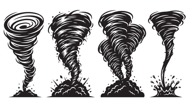 Tornado vector icons set, black and white whirlwind illustrations, swirling storm cyclone symbols, natural disaster weather graphics for emergency alerts