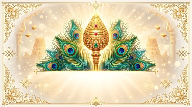 Luxury Thaipusam greeting card design featuring a sacred golden Vel spear as the central spiritual symbol surrounded by elegant peacock feathers with vibrant emerald sapphire and turquoise eye pattern