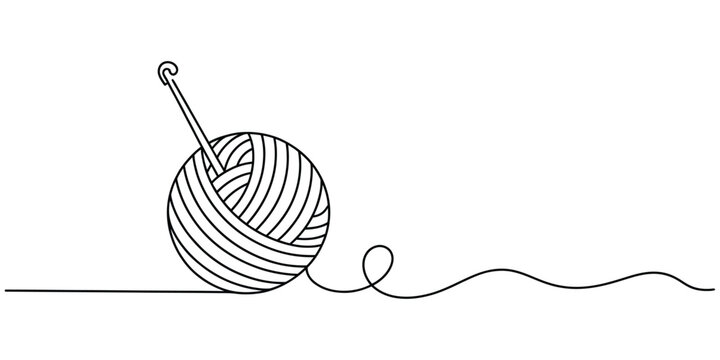 Continuous single line drawing of a ball of yarn with a metal crochet hook