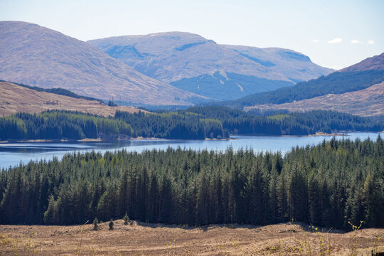 View of Loch Tulla in the Scottish Highlands. The photo shows the famous &ldquo;Tulla Viewpoint&rdquo; along the A82. In the background are the mountains of the Glen Coe and Rannoch Moor region.