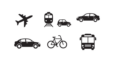 Fototapeta premium Transportation vehicle icons collection with airplane train car bicycle and bus silhouettes for travel and logistics maps.