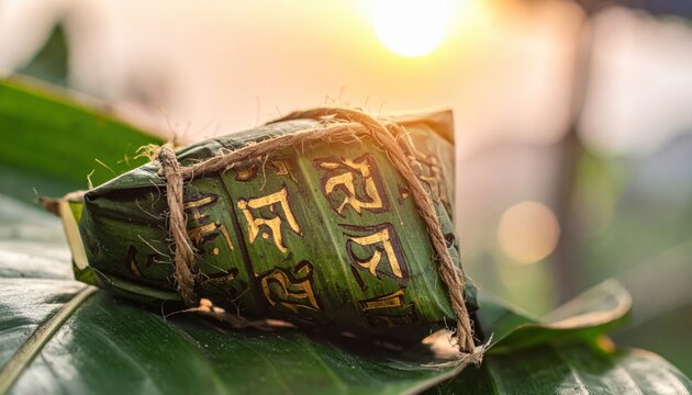 Ancient Sanskrit script on palm leaves bound with rope, bathed in soft sunlight