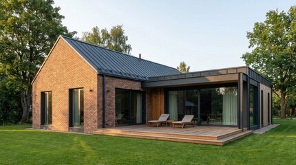 Obraz premium Modern Brick House with Wooden Deck and Large Windows Surrounded by Green Lawn and Trees.