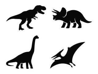 Dinosaur set — T-Rex, Triceratops, Brachiosaurus, Pterodactyl icon Silhouette Vector black design on a white background © NexaVectors