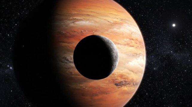 Jupiter and its moon Io in space, astronomical illustration.