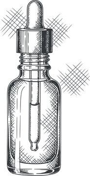 A detailed hand-drawn ink illustration of a small glass cosmetic dropper bottle with a cap.