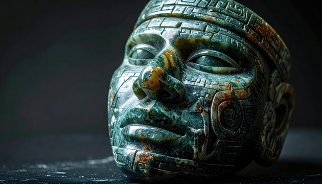 Intricately Carved Olmec Jade Mask with Ancient Glyphs Showcasing Timeless Mexican Artistry