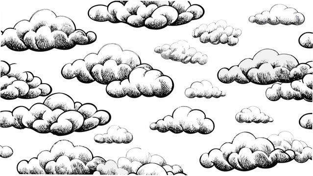 Cumulus clouds sketch pattern on a white background featuring detailed line art and a repeating atmospheric design cloudscape cloud formation weather
