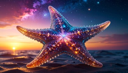 Obraz premium Glow of a crystalline starfish filled with internal galaxies on a sandy beach during a beautiful sunset under a starry cosmos, beautiful cinematic digital art creation.