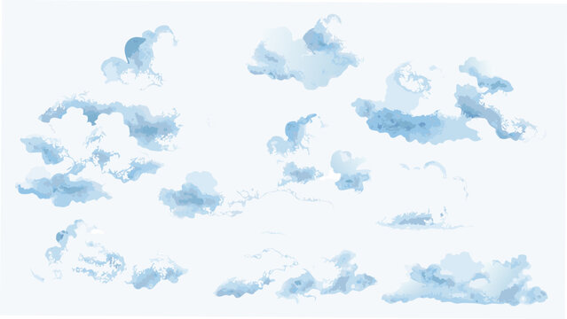 Watercolor clouds collection with soft blue hues a scattered arrangement on a transparent background cloudscape cumulus cirrus stratocumulus fluffy painting wash