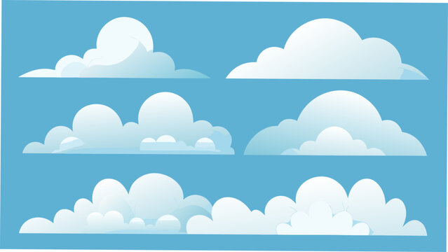 A set of fluffy white cumulus clouds a vector illustration against a bright blue background cloudscape cloud formations atmospheric phenomena weather