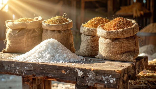 Roughly ground rock salt mounded next to burlap sacks overflowing with golden grains, showcasing a rustic harvest and food ingredients.