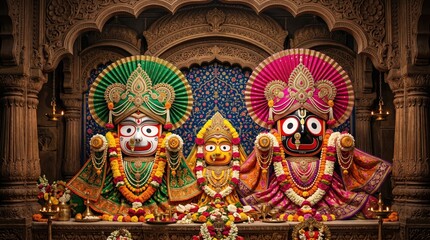 Fototapeta premium Traditional hindu deities jagannath balabhadra and subhadra adorned in vibrant garments inside ornate temple