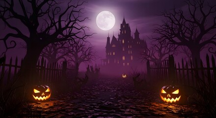 Obraz premium Halloween haunted house with jackolanterns and purple moonlit sky