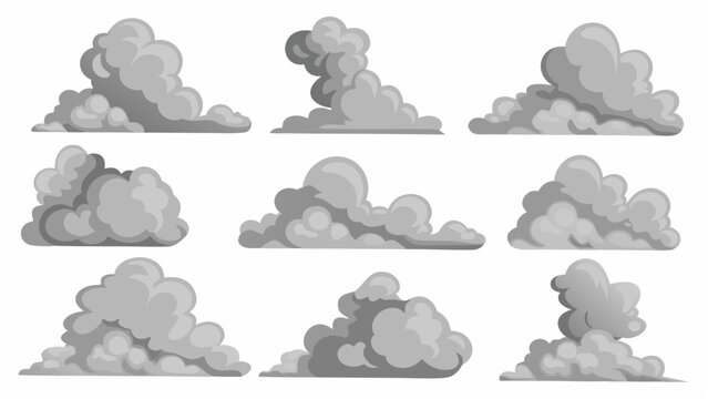 Nine grey cloud formations presented as a vector illustration with a white background showcasing varying shapes clouds cloudscape cumulus stratus cirrus