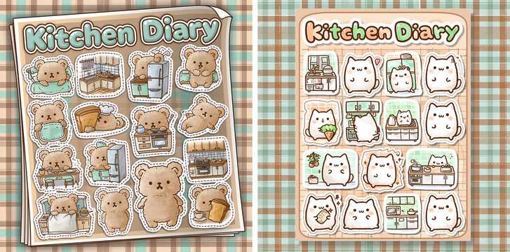 Kitchen diary sticker sheet cute pastel kawaii cartoon kitchen bear cat cozy kitchen diary sticker sheet pastel kawaii cartoon kitchen bear cat