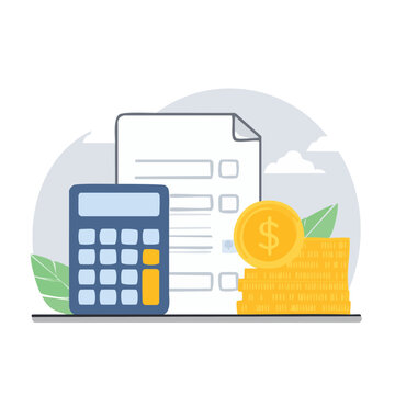 Flat design illustration of calculator, coins, and document