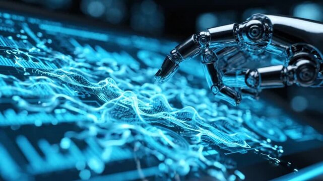 Robotic hand interacting with digital data.